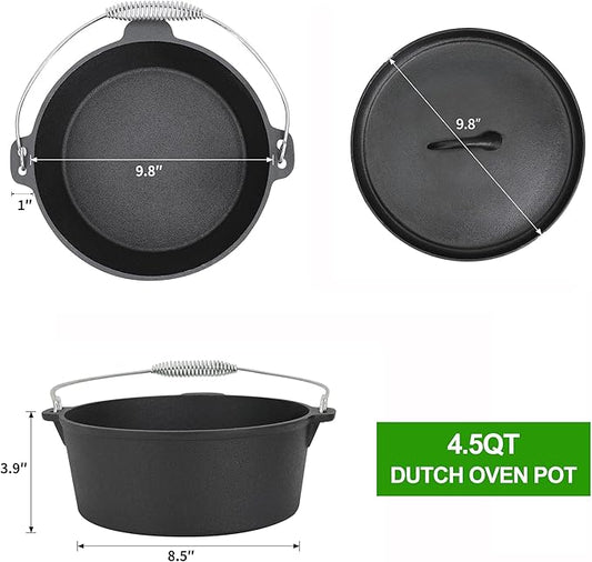 8 Piece Pre-Seasoned Dutch Oven Cooking Set Cast Iron Camping Kitchen Cookware Bakeware Skillets & Square Grill Pan w/Vintage Carrying Wood Box for Ourdoor Home BBQ Baking