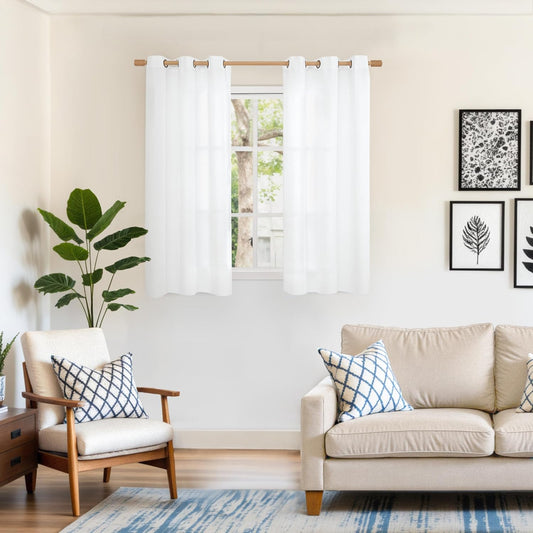 YoungsTex 48 Inch Length White Semi Sheer Curtains for Short Window, Light Filtering Linen Drapes with Bronze Grommet for Kitchen Bedroom Bathroom Decorative Privacy, 42 X 48 Inch, 2 Panels