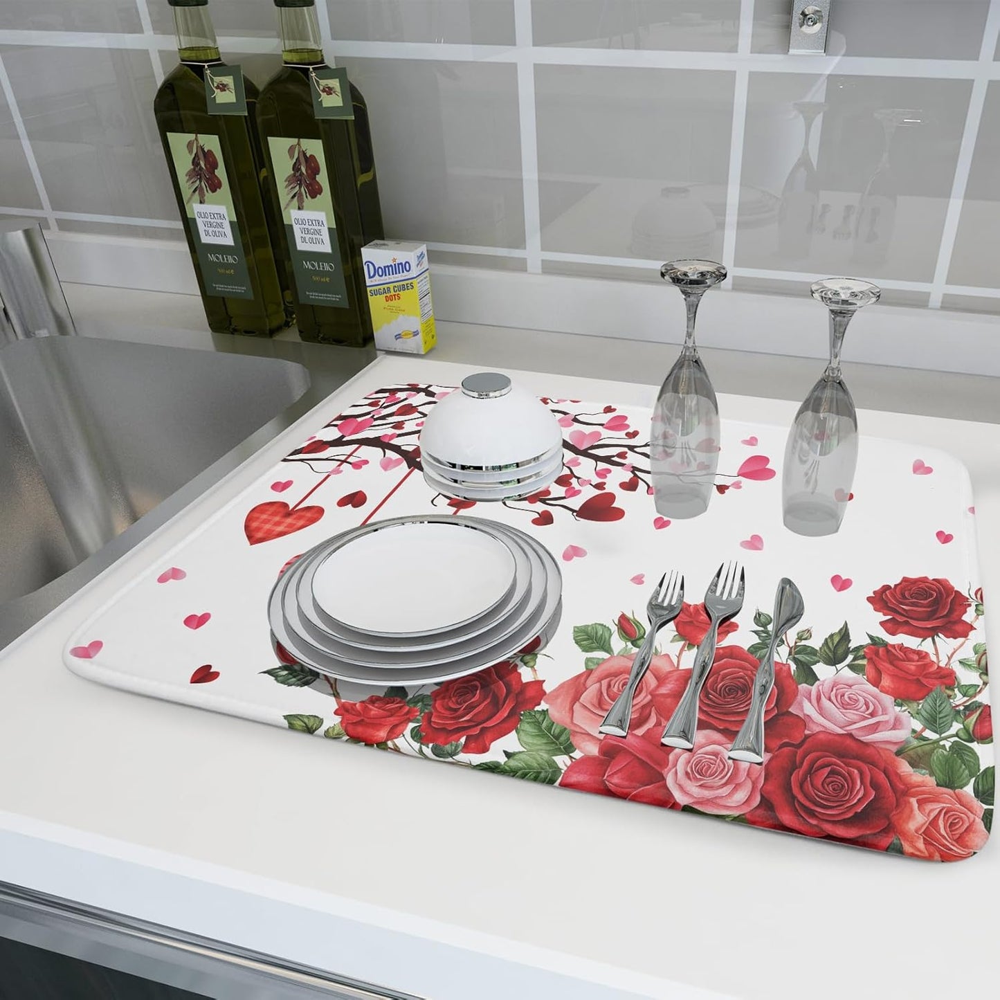 Giwawa Happy Valentines Day Dish Drying Mat for Kitchen Countertop, Red Love Hearts Rose Flowers Dish Drainer Mats, Romantic Absorbent Dish Drying Pad Wedding Decor, 18"x24", Large