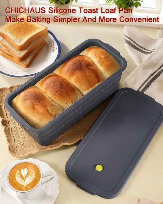 Large size foldable silicone bread loaf pan with lid,11x4.7 Inch easy to store non stick Bread Baking Pans,Sourdough Bread Pan with Baking Tool Supplies Kit for Homemade Bread, Cake