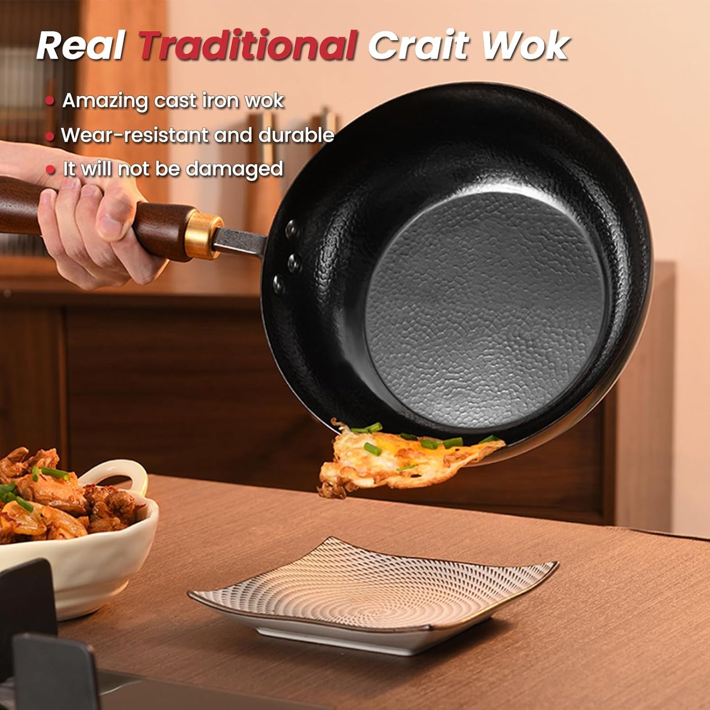 Carbon Steel Wok Pan, 10.2" Woks & Stir-Fry Pans with Glass Lid Cookwares, Nonstick Wok Flat Bottom Small Handmade Chinese Wok For for All Stoves