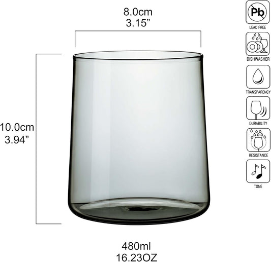 Joseph Sedgh Collection Smokey Grey Glass Tumbler Set of 4 – 16.5 oz Borosilicate Glassware – Durable, Lead-Free, Dishwasher Safe – Modern Grey Drinking Glasses for Home