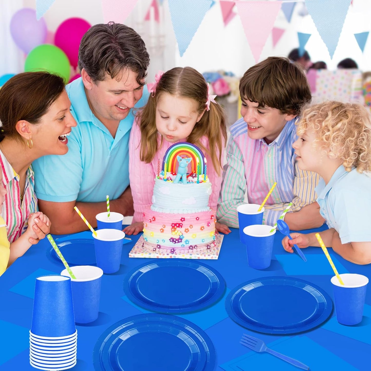 TWOWYHI 229PCS Blue Party Supplies Set Paper Disposable Plates Cups Plastic Spoons Forks Knives Blue Napkins for 30 Guests Disposable Party Dinnerware Set for Wedding Birthday Parties