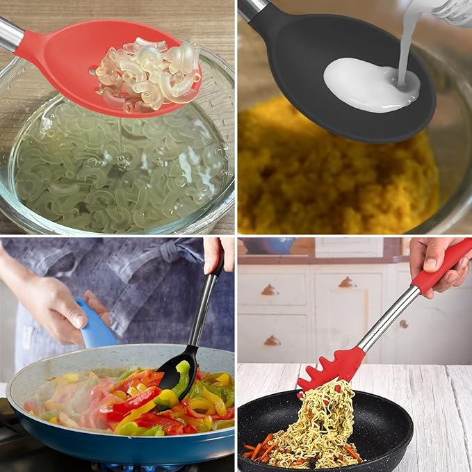 Silicone Spatula and Cooking Spoon,5 Pack Non-Stick Cooking Utensils for Kitchen,Heat Resistant Solid & Slotted Spoons and Spatulas, Stainless Steel Handle Coated with Silicone,Black