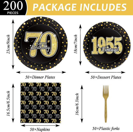 200PCS 70th Theme Birthday Party Tableware Vintage 1955 Party Supplies 70 year old Birthday Party Decorations Plates Napkins Forks Black and Gold Dinnerware Favors for Men or Women