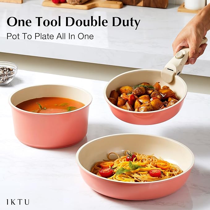 IKTU Ceramic Pots and Pans Set Non Stick Pink, 19 Pcs Nonstick Cookware Set with Detachable Handle RV Camping Induction Kitchen Cookware Set Non Stick, PFAS PFOA & PTFE Free