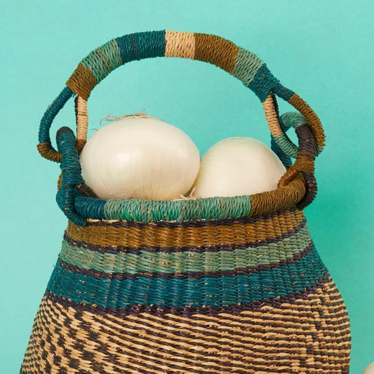 Small Blue Green Boho Pot Basket, Fruit Bowl, Kitchen Countertop Storage, Shelf Basket, Living Room Decor, Harvesting, Flower Girl Basket, Wicker, Woven