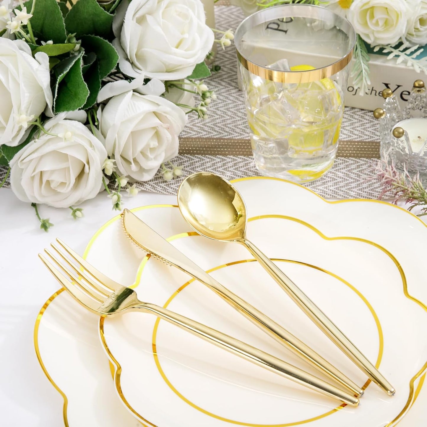 EI 180pcs Beige Plastic Plates with Gold Plastic Silverware,Heavy-Duty Disposable Plates for Party,White Dinnerware Set for 30 Guest Wedding,Birthday