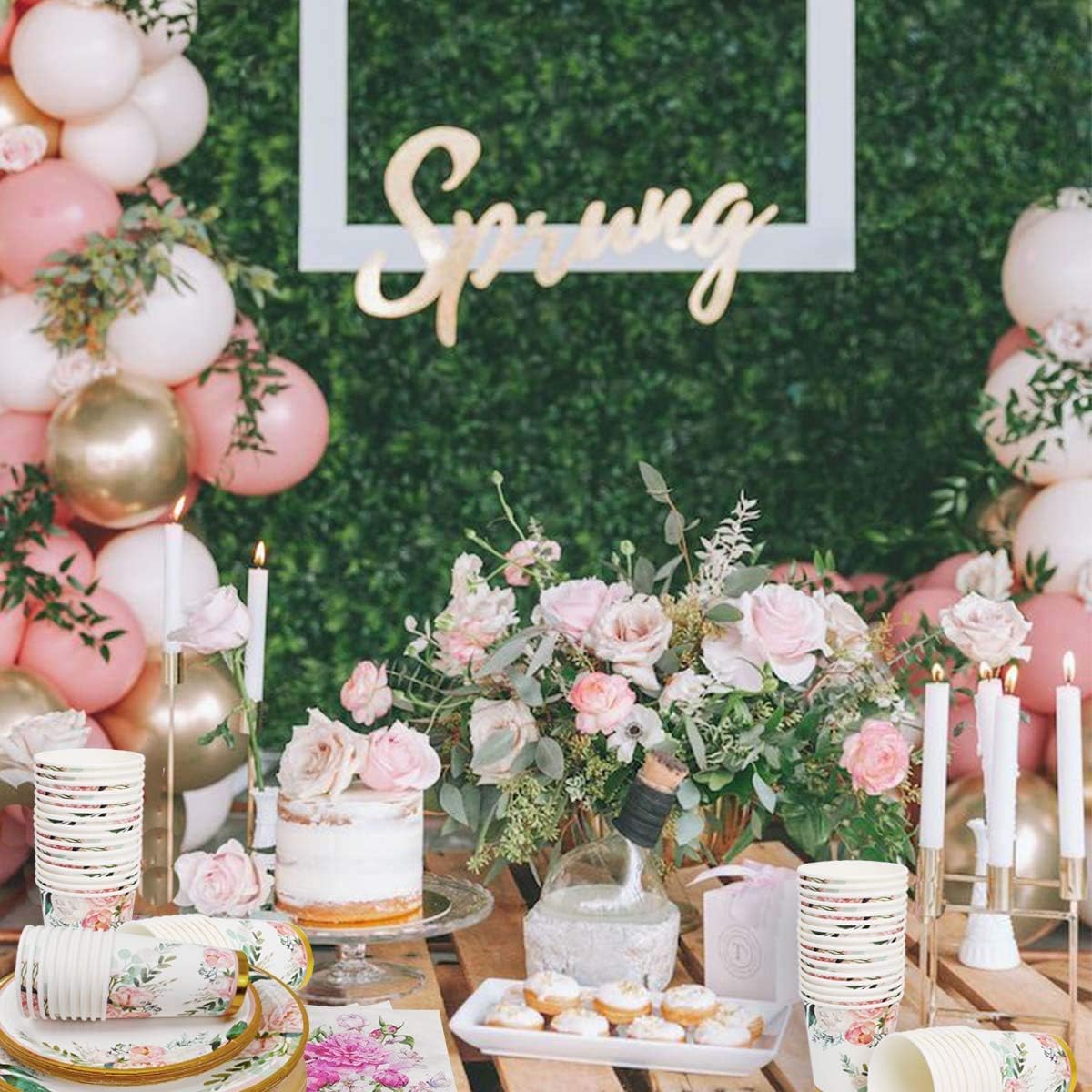 Floral Party Supplies - Bridal Shower Paper Plates & Napkins Set for 24 Guests - Disposable Dinnerware: Plates, Cups, Cutlery for Baby Shower, Tea Party