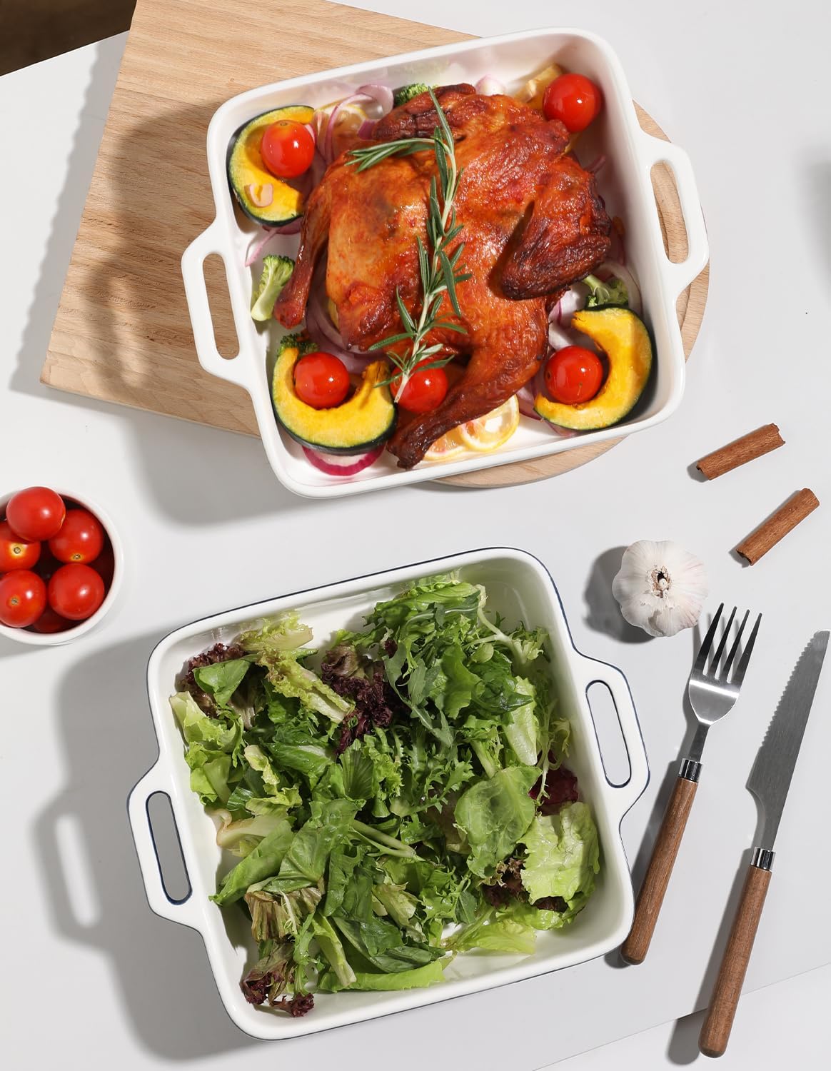 Sweejar 8x8 Baking Pan,Ceramic Casserole Dishes for Oven with Double Handles,2 QT Square Cake Baking Dish for Brownie,Lasagna,Casseroles,Family Dinner(White)