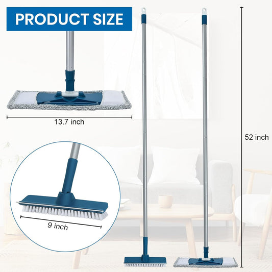 Collapsible Mop and Bucket Set with Scrub Mop and Brush, Tile Laminate Hardwood Floor Brush and Flat Mops for Floor Cleaning, Foldable Bucket with Washable Microfiber Mop(Blue)