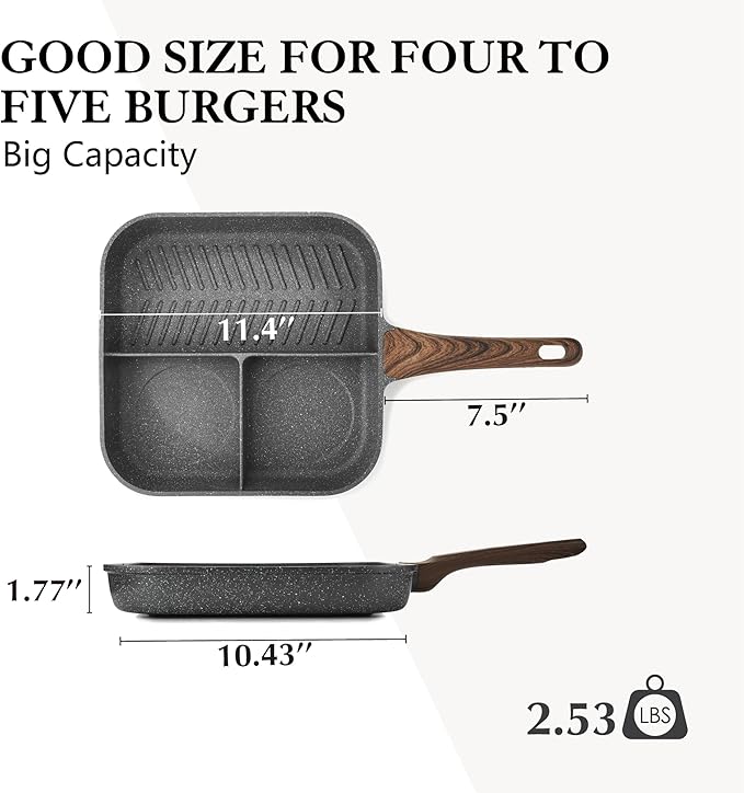 Sensarte Nonstick 11-Inch Square Grill Pan, 3-Section Versatile Breakfast Skillet, Die-cast Aluminum, PFOA, PFOS, APEO Free, Induction, Gas, Electric, Glass, Ceramic