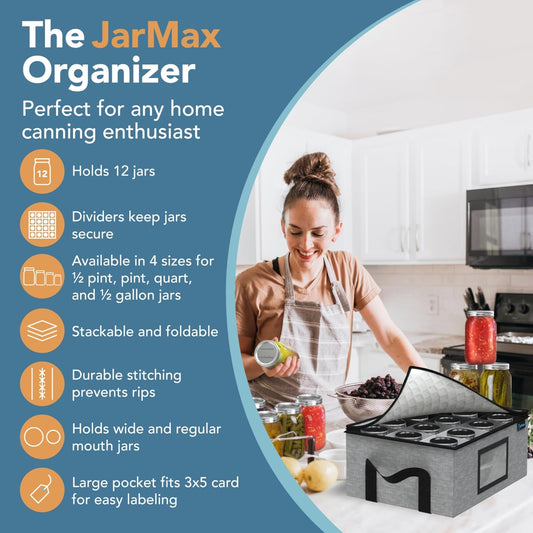 2Pk 32 oz Quart Mason Jar Organizer, Sturdy Pantry Canning Jar Storage Containers, Holds 12 Quart Size Ball Mason Jars, Foldable Canning Organizer, Stackable Home Storage Box w/Lid & Label holder