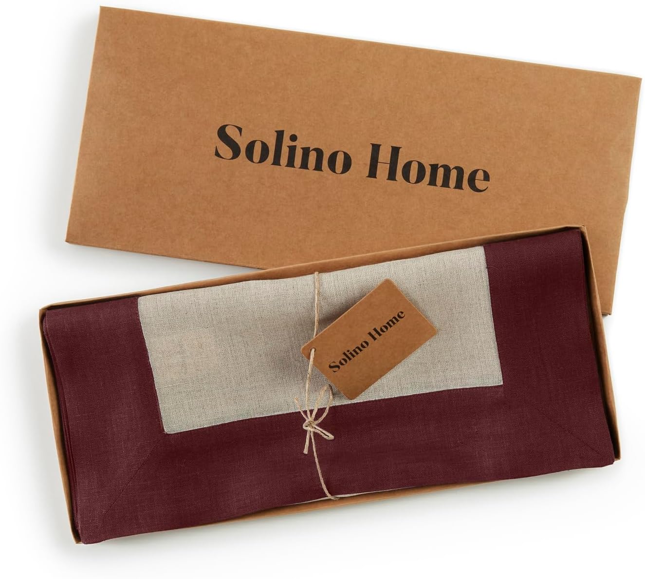 Solino Home Linen Table Runner 120 Inches Long - 100% Pure Linen Burgundy and Natural Table Runner 14 x 120 Inch for Fall, Autumn, Thanksgiving, Christmas - Contempo