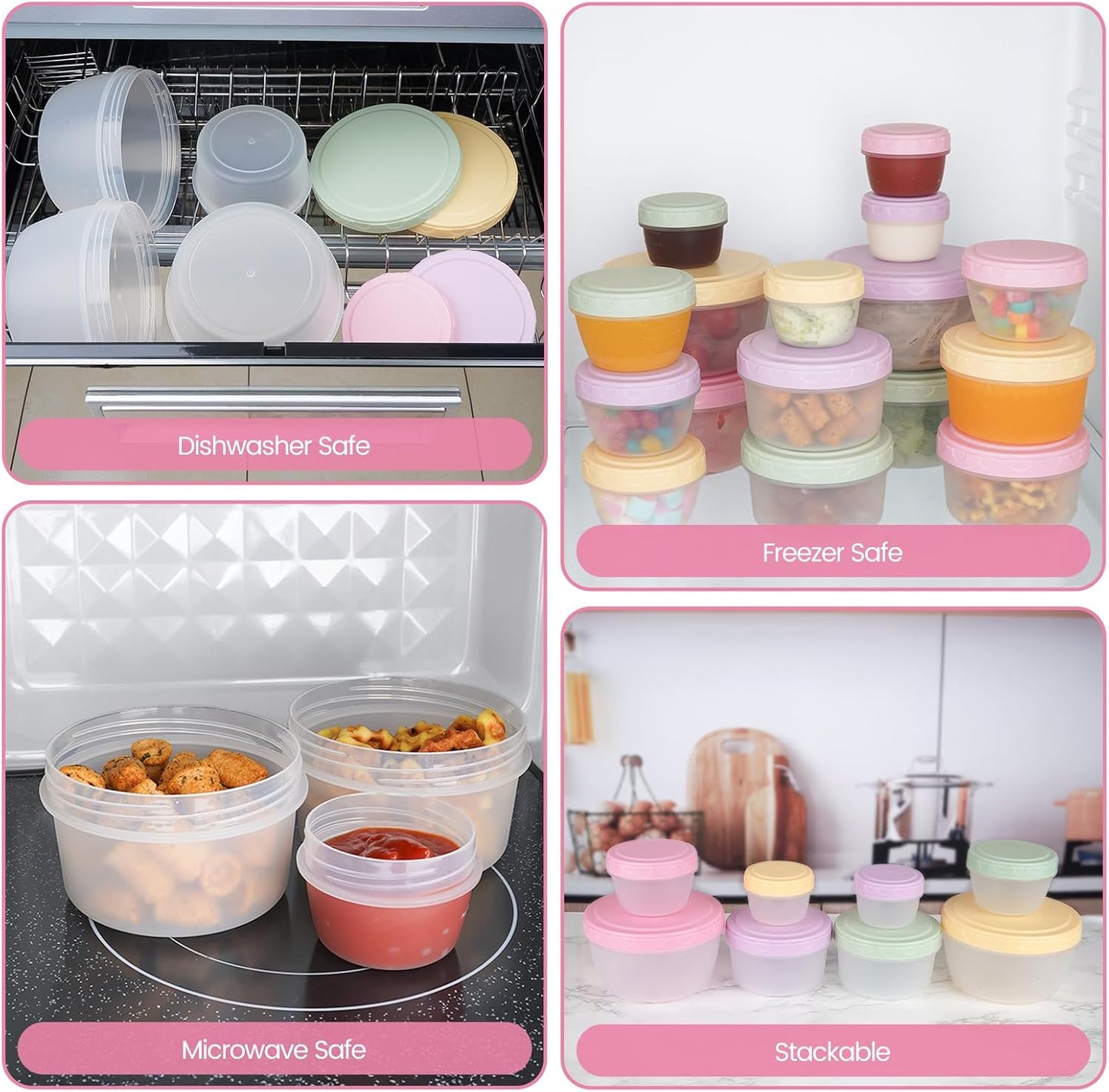 16 Piece Food Storage Containers with Lids (1Oz-45Oz), Leakproof BPA-Free Bowls Set with Pastel Color Lids for Soup, Snacks, Condiment, Salad Dressing & Sauce, Space Saving Nesting Design