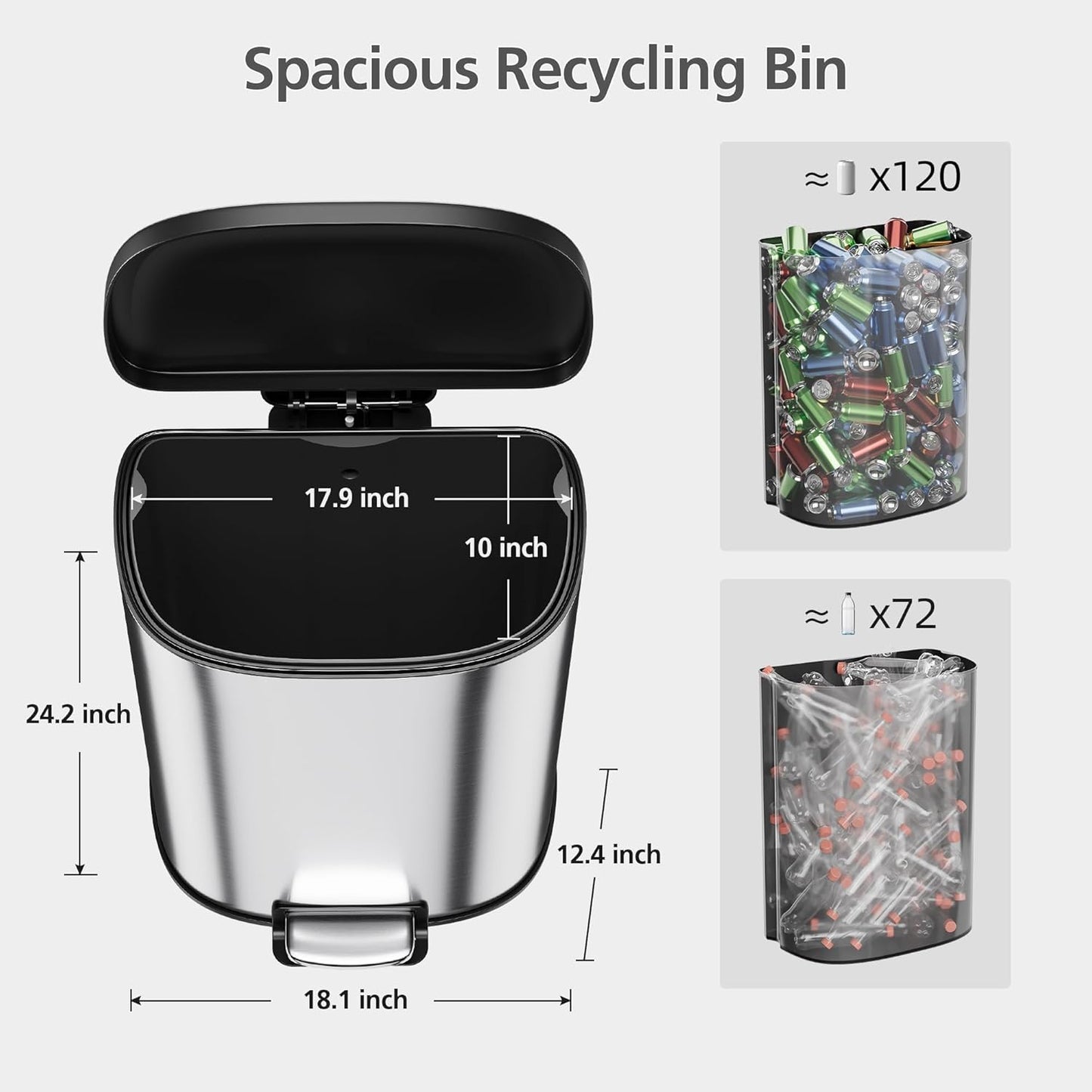 Stainless Steel Trash Can, 15 L/13 gal Hands Free Garbage Can with Soft Close Lid and Foot Pedal, Metal Kitchen Waste Bin with Inner Bucket for Living Room, Office, D Shape, Silver