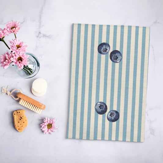 Blueberry Decor Kitchen Towels, Blue and White Striped Summer Blueberry Dish Tea Towel for Kitchen Decor, Fruit Lover Gifts Decorative Hand Towels for Bathroom, 16x24 Inch