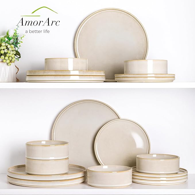 AmorArc Ceramic Dinnerware Sets, Handmade Reactive Glaze Stoneware Plates and Bowls Sets,Highly Chip and Crack Resistant | Dishwasher & Microwave Safe Dishes Set, Service for 8 (24pc)