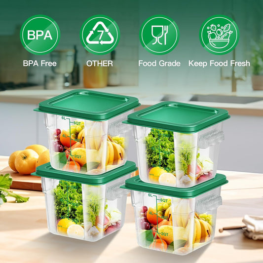 4 pcs 6qt Food Storage Containers with Lid, Square Clear Commercial Storage Containers with Handle and Scale for Food Storage in Home Kitchen & Dining (Green)