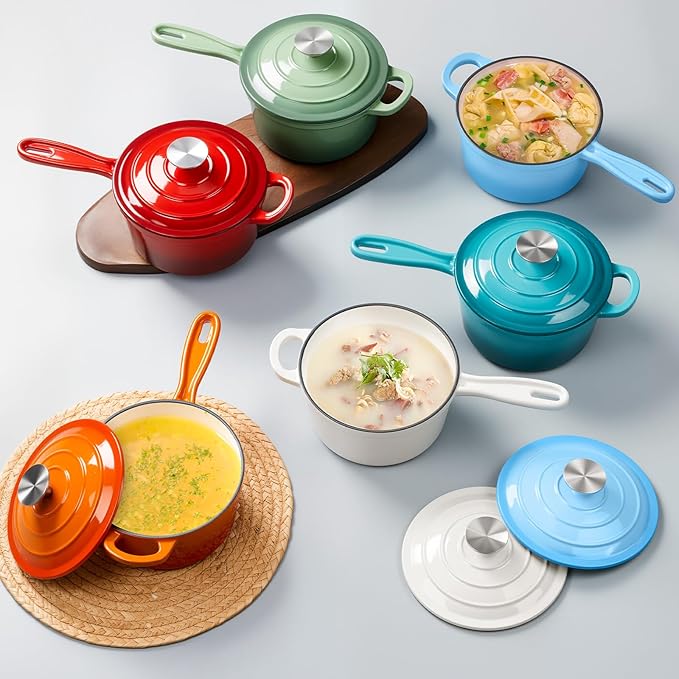 2 Quart Saucepan with Lid, Leonyo Enameled Cast Iron Sauce Pan, Enamel Dutch Oven Kitchen Cookware for All Cooktops Making Pasta Sauce, Oatmeal - Up to 500°F & 6.7Lbs, Pistachio Green