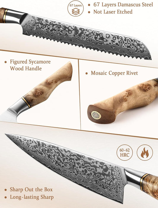 HEZHEN 7PCS Kitchen Knives Set - Professional Forging Damascus High Carbon Steel Chef Knife, Santoku, Bread, Utility, Fruit Knives & Multifunctional Kitchen Scissors - 6Slot Black Walnut Block