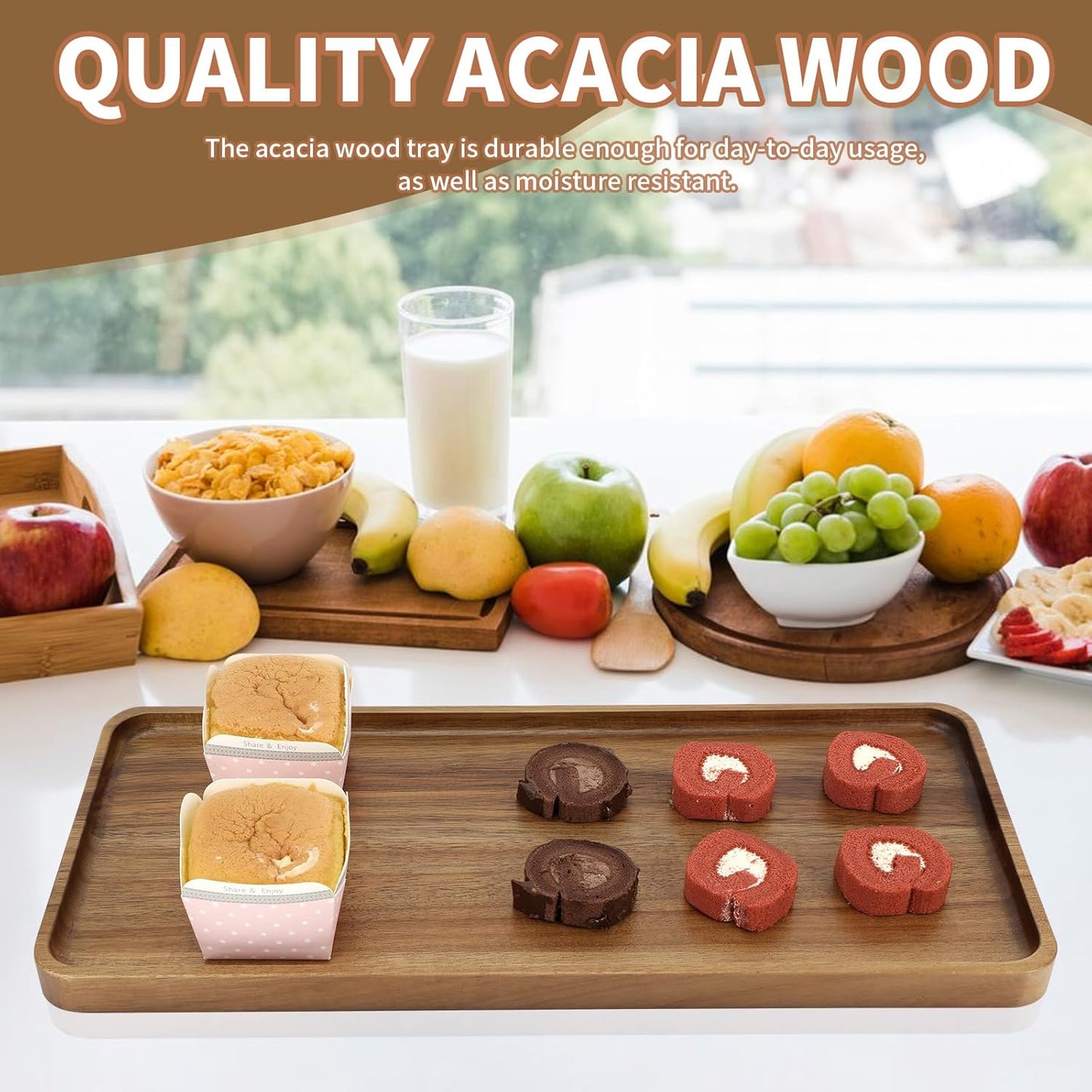 1 pcs 15.7" x 7" Large Solid Acacia Wood Serving Tray Rectangular Wooden Serving Platter Natural Wooden Board for Bar Coffee Party