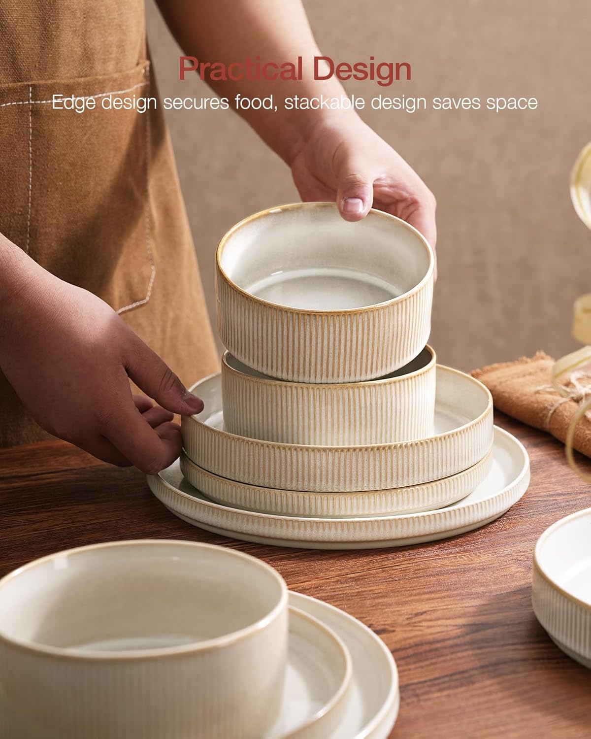 Famiware Star Plates and Bowls Sets, Modern Stoneware Dinnerware Sets for 8, 24-Piece Kitchen Dish Set - Microwave and Dishwasher Safe, Chip and Scratch Resistant, Cappuccino White