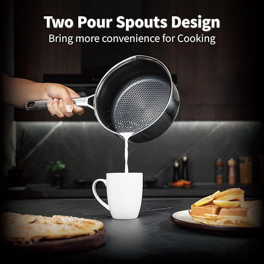 Hybrid Nonstick 2 QT Saucepan with Lid, Stainless Steel Honeycomb Pot with Two Pour Spouts,Compatible with All Cooktops,Dishwasher and Oven Safe