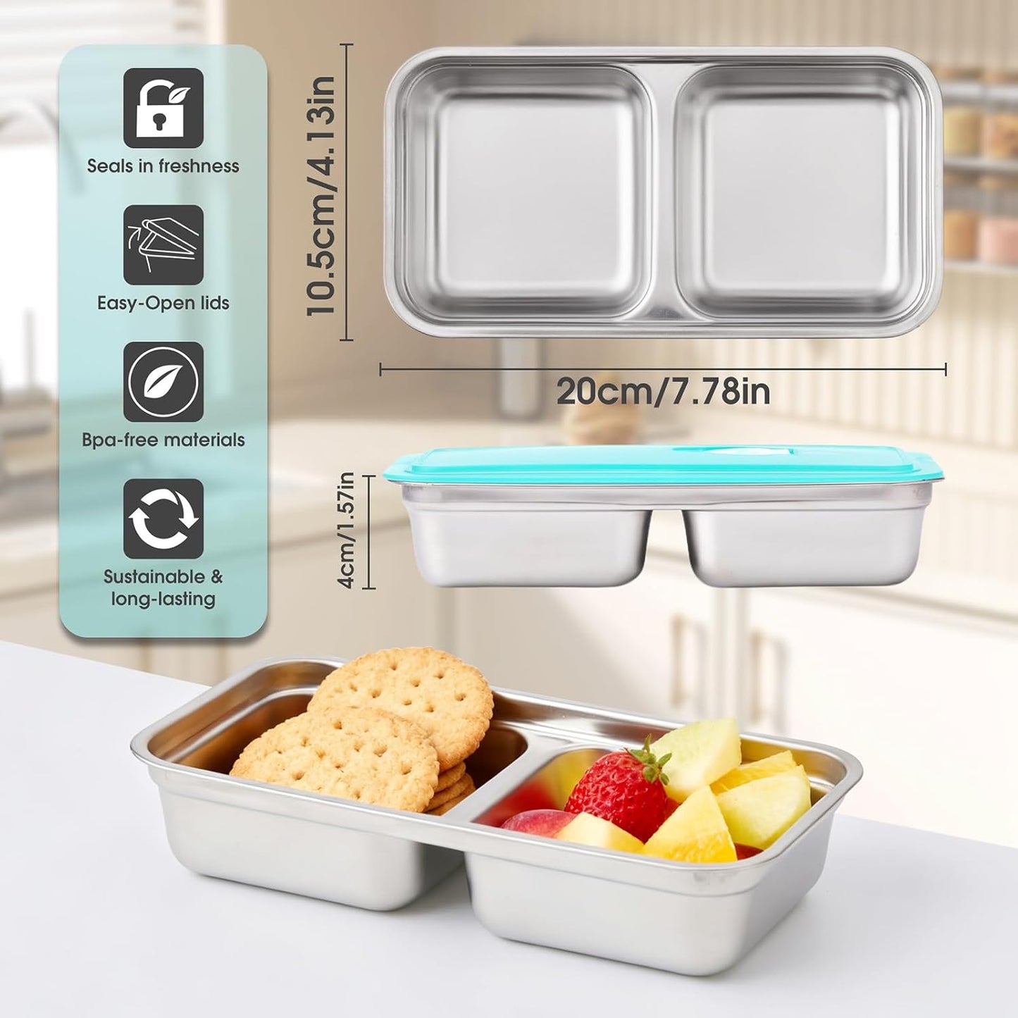 Stainless Steel Snack Containers,Reusable 2 Compartment Stainless Snack Containers with Lids,Stainless Steel Food Storage Containers,Metal Snack Lunch Meal Prep Containers,Bento Box 1 Pack