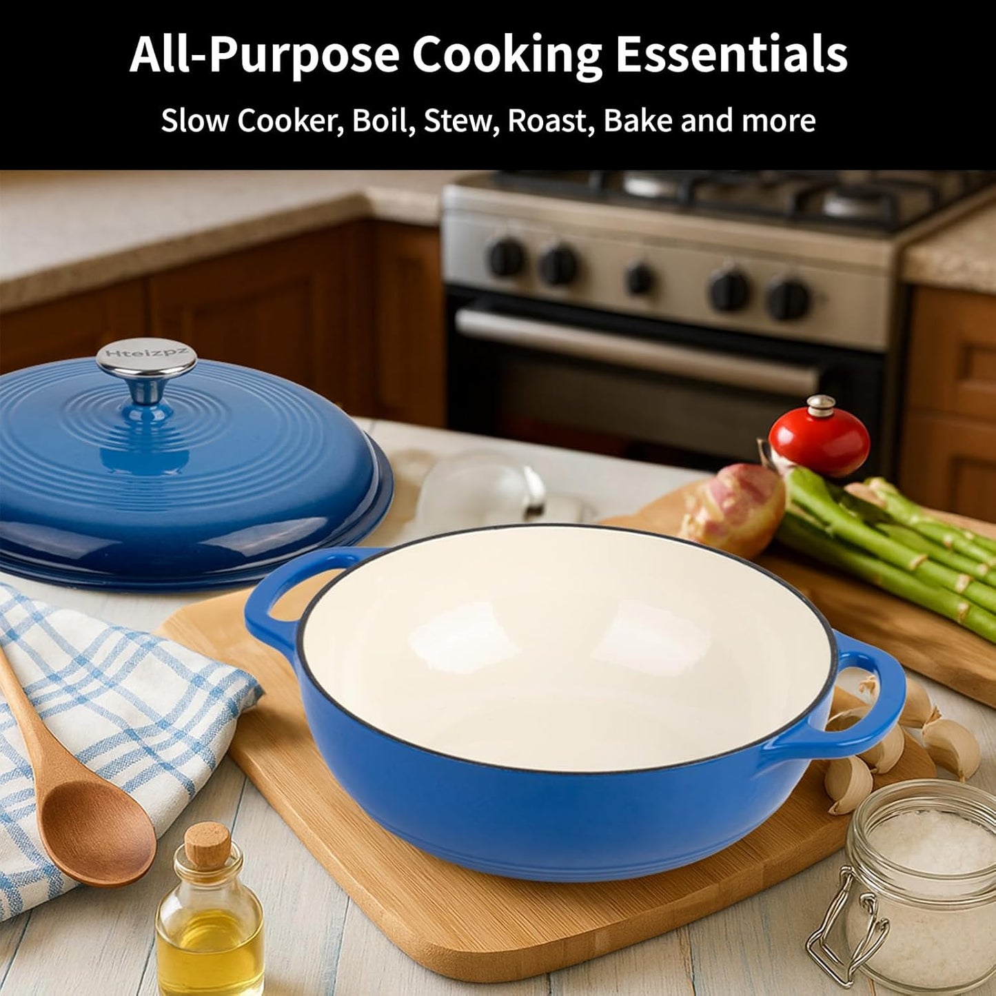 Enameled Cast Iron Dutch Oven Pot with Lid, 3 Quart Shallow Dutch Oven, Oven Safe up to 500° F, Suitable for Bread Baking, Braising, Roasting, Stews, Blue