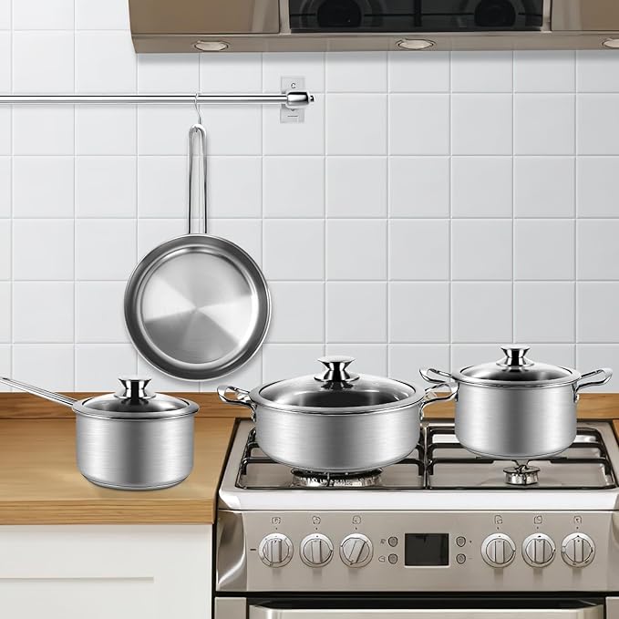Stainless Steel Pots and Pans Set, 7-Piece Kitchen Cookware Sets with Glass Lids, Stay-Cool Handle, Oven Safe, Works with Induction/Electric and Gas Cooktops, Dishwasher