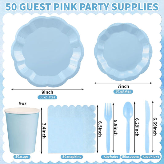 350 Pcs Light Blue Party Supplies Include Scalloped Plate Napkin Cup Forks Knives, Plastic Cutlery 50 Guest Disposable Party Tableware Set for Wedding Baby Shower Bridal Shower Birthday Parties