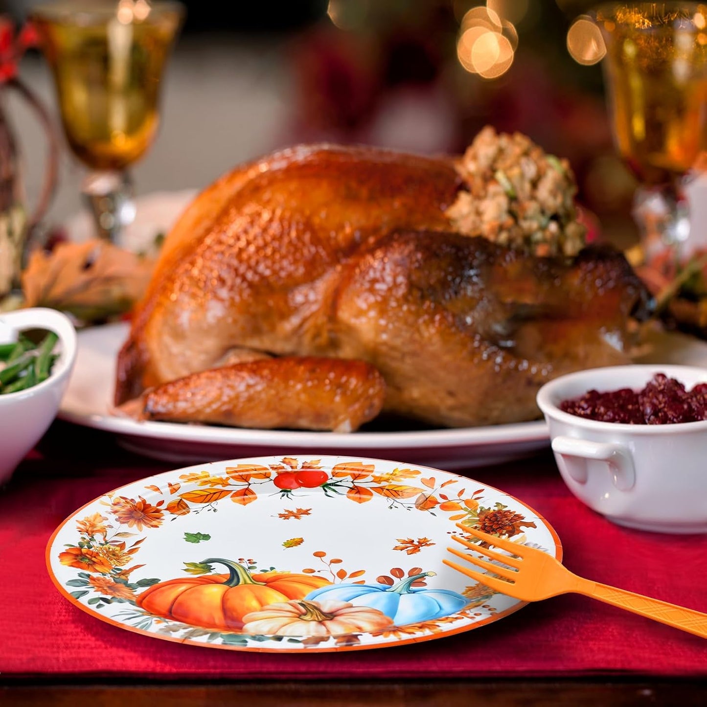 96 Pieces Thanksgiving Pumpkin Tableware Set – Rustic Sunflower and Pumpkin Disposable Plates, Napkins, and Forks for Fall Dinners, Friendsgiving, Harvest Parties – Serves 24 Guests