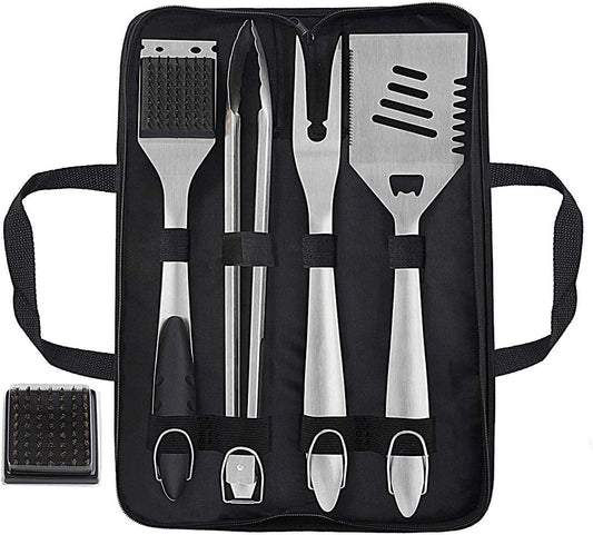 grilljoy 8PCS BBQ Grill Tools Set with Extra Thick Stainless Steel Spatula, Fork, Tongs & Cleaning Brush - Complete Barbecue Accessories Kit with Portable Bag - Perfect Grill Gifts for Men Black