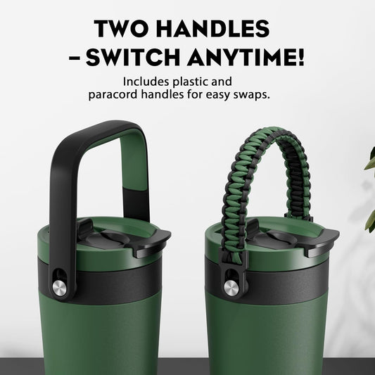 16 oz Insulated Coffee Mug for Commuters: 2-in-1 Straw Flip Lid, Keep Cold 24H, Fit in Car Cupholder, Leakproof, Stainless Steel Coffee Tumbler with Handle for Office, Travel, Gifts and Home (Forest)