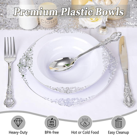 100PCS Silver Plastic Bowls - 12 oz Silver Disposable Salad Bowls - Heavy Duty Disposable Soup Bowl - Fancy Plastic Ice Cream Bowl for Weddings Parties Dinners Picnics