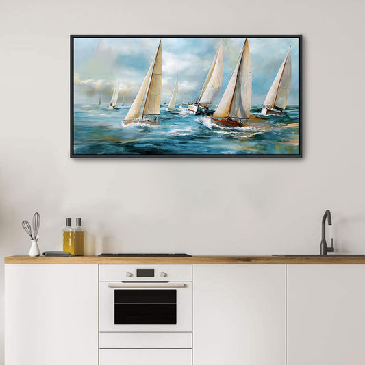 YDYSUNE Sailboat Wall Art - Blue Canvas Retro Painting Textured Picture Artwork Vintage Nautical Large Painting Coastal Modern Print Frame for Living Room Bedroom Home 20x40inch