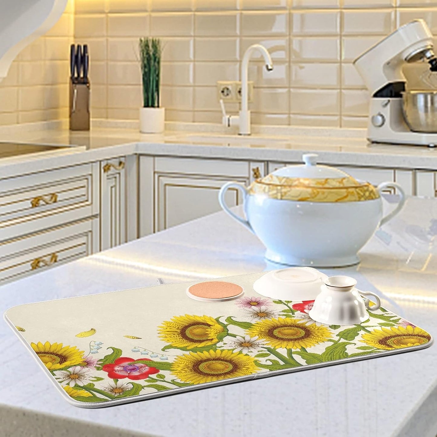 Dish Drying Mat for Kitchen Counter 18 x 24 Inch Decorative Flowers Sunflowers Super Absorbent Microfiber Dish Drainer Rack Mats Soft Heat Resistant Drying Protector Pad