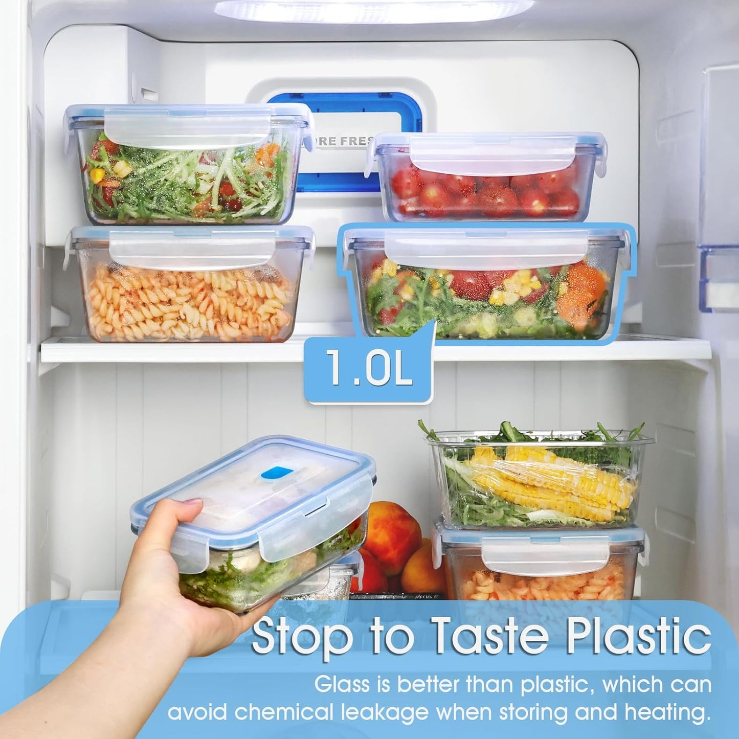 NUTRIUPS 1L Glass Food Storage Containers Set of 2, Rectangular Meal Prep Containers, Food Storage Containers