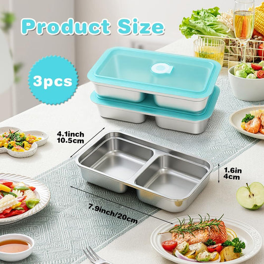 YQL 3 Pack Stainless Steel Snack Containers with Lids, Double Compartment Snack Box for Lunch Prep, Reusable Leakproof Bento Box, Food Storage Containers for Travel, Office, Camping