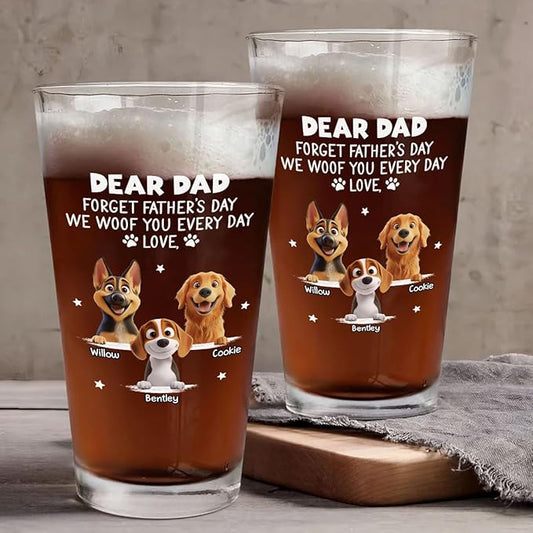 Wrappiness Best Mom Dad Logo Personalized Custom Beer Glass - 16oz Glassware for Beer Soda Cocktails - Gift for Dog Lovers, Father's Day, Birthday Gift for Parents (B08, 3 Dogs)