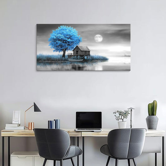 JEAWA Landscape Canvas Wall Art Decor - Blue Gray Wall Art for Bathroom Bedroom Study Dining Room, Winter Wall Art Canvas Paintings, Moon Pictures Wall Decor, Tree Art Wall Decor, 20x40 IN
