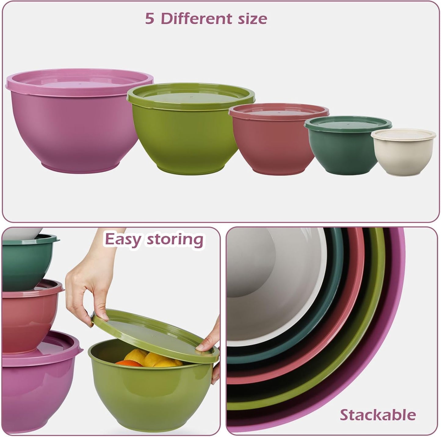 Plastic Mixing Bowls with Lids Set for Kitchen, Nesting Bowls for Mixing, Baking, Prepping, Cooking and Serving Food (5 Set-Purple)