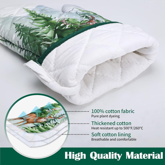 Woodland Deer Oven Mitts and Pot Holders Sets 4Pcs, 100% Cotton Heat Resistant, Extra Long Oven Gloves Potholder for Kitchen Cooking Baking Decoration