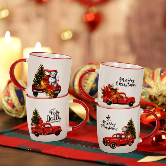 Homlouue Christmas Mug Set - Red Truck Decorative Mugs, Merry for Women, Family & Friends - 11 Oz
