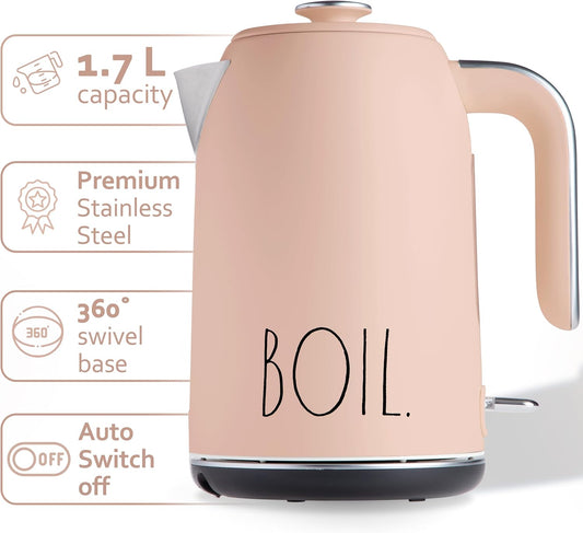 Rae Dunn Electric Hot Water Kettle - Stainless Steel Coffee Maker, Tea Kettle, Swivel Base, With Automatic Shut Off Boil-Dry Protection, Easy Pour Pitcher, 1500 Watt Boiling Power, 1.7 Liters, Blush