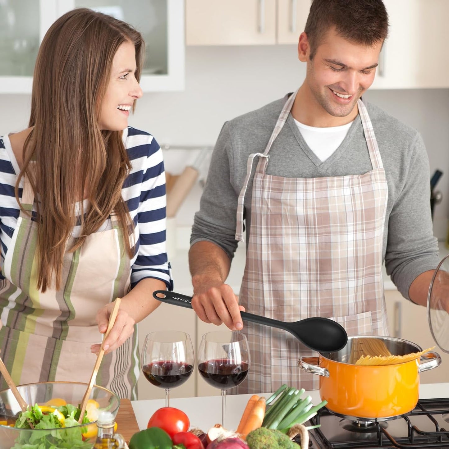 3 Pcs Silicone Spoons Set of 7.9 10.6 14.2 inch for Cooking, Heat Resistant Kitchen Spoons for Mixing, Stirring, and Serving, Small to Large Non Stick (Black & Red & Blue)