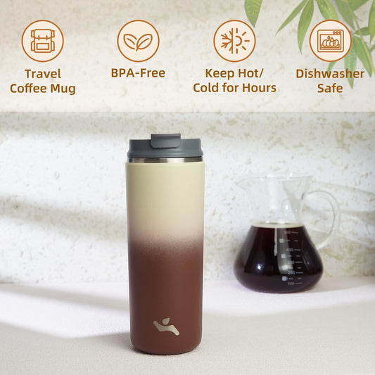 Tumbler with Lid, 16 oz Travel Coffee Mug Double Wall Vacuum Stainless Steel Thermal Metal Cup Insulated Water Bottle,Latte