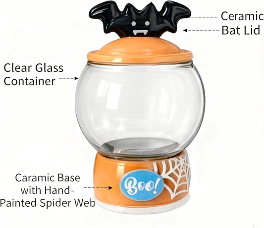 54 oz Halloween Candy Jar & Cookie Jar, Scary Bat Ceramic Lid with Seal, Clear Glass Food Display Jar, Hand-Painted Spider Web Patterned Ceramic Base, Food Jar for Christmas, Kitchen, Rice, Flour