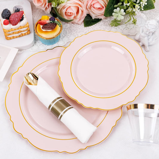 Liacere 350PCS Pink Plates Disposable - Pink and Gold Plates 50guest Baroque Plastic Dinnerware include 100Plates, 50Pack Pre Rolled Napkins with Silverware 50Cups Perfect for Wedding&Mother's Day